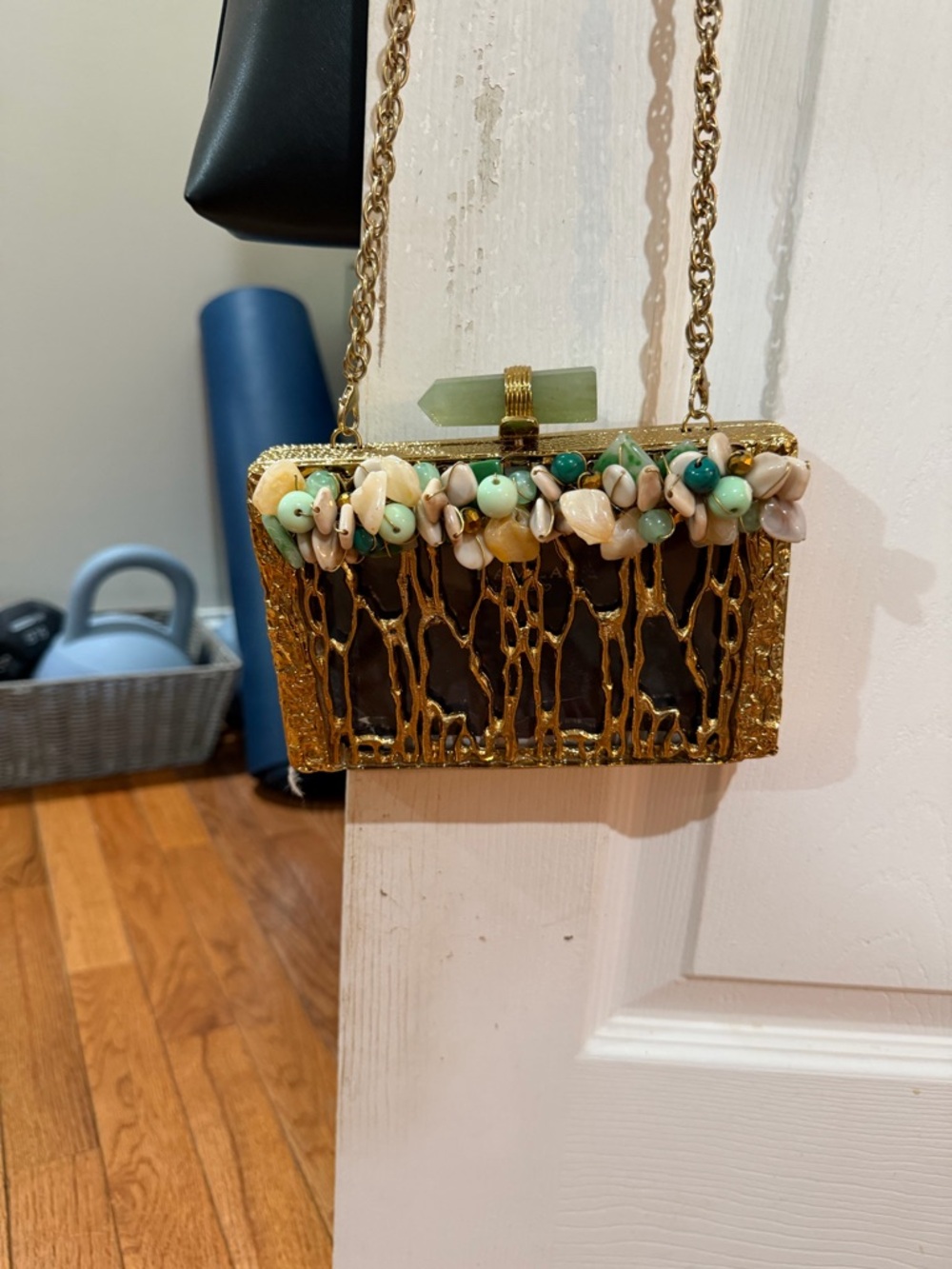 RAMLA(ZEINA)Gold Beaded Floral Accent Evening Bag - Green & Cream Embellishments - Picture 3 of 11